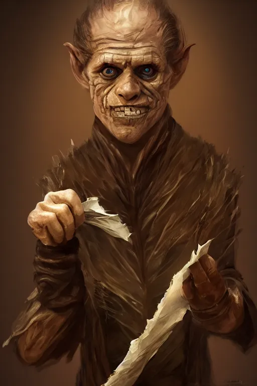 Image similar to A deranged tiny filthy halfling looking like Willem Dafoe wearing long dark damaged ripped robes showing a magic paper scroll, camera looking down upon, long fingernails, unclipped fingernails, sharp fingernails, focus on face, sharp focus, digital painting, trending on artstation, concept art, fantasy, medieval