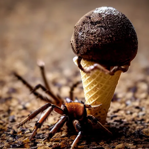 Image similar to detailed photograph of a levitating ice cream cone covered in hairy - legged brown recluse spiders