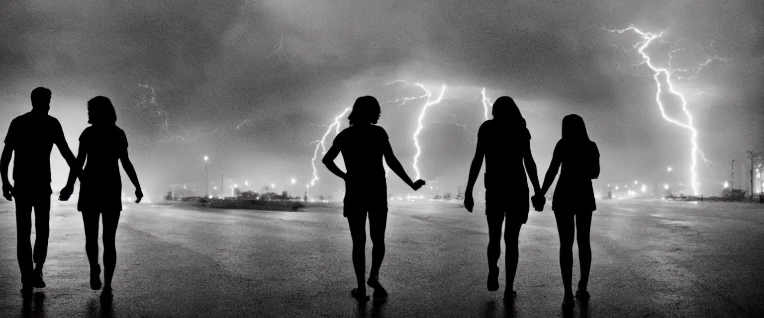 Prompt: A film still of two silhouetted figures holding hands, walking away from the camera, thunderstorm, nighttime, empty metropolitan street, wide shot, 35mm lens, low-key lighting