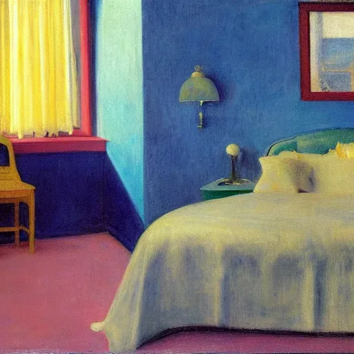 Image similar to a young girl in a blue golden room, film still by edward hopper, by Bosch, by klimt, art noveau, highly detailed, strong lights, liminal, eerie, Bright pastel colors