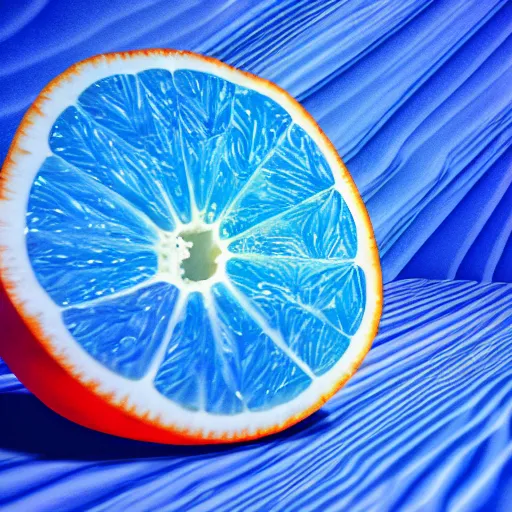 Prompt: a blue orange sliced in half laying on a blue floor in front of a blue wall, hyper realistic, ambient lighting, concept art, intricate, hyper detailed, smooth, dynamic volumetric lighting, octane, cinematic, high quality, high resolution, 4 k