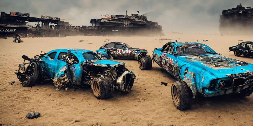 Image similar to the most craziest extreme mad max style car race in history, along a beach in cornwall, really extreme cyberpunk brutal racing machines, gritty, crash, custom fighting speed machines, spectators, smoke, dust, waves, cloudy blue sky