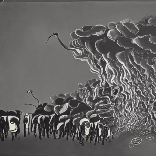 Prompt: An abstract painting of a tornado made of elephants and pianos by Salvador Dali, black and white color palette, dusk