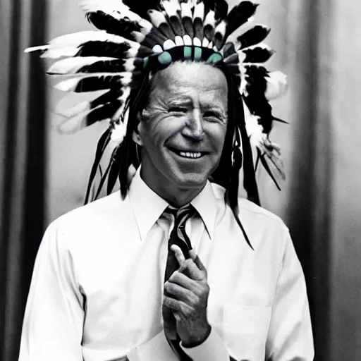 Prompt: Joe Biden as a Native American, wearing Native American headdress