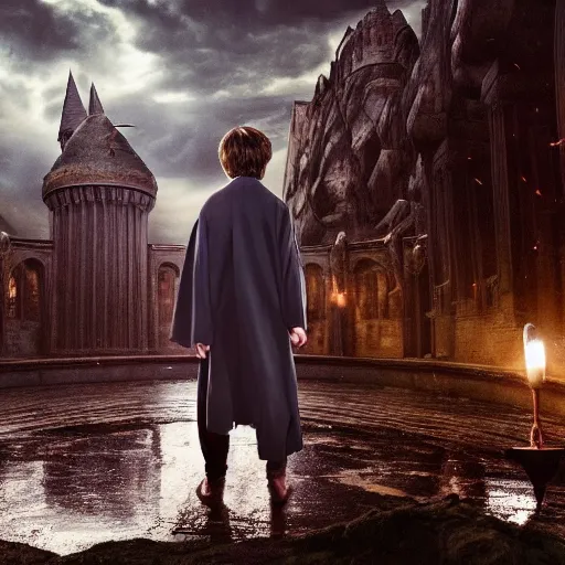 Image similar to Harry potter standing and casting a short wand, back view, thunderclouds, cinematic shot, wide shot, epic scale, waving robe movement, photorealistic detail and quality, intricate ground stone, magical sigils, floating particle effects, movie still, nighttime, crescent moon, sharp and clear, action shot, intense scene, visually coherent, symmetry, rule of thirds, movement, photorealistic colors, cool colors transitioning to warm colors, modest tone, award winning, directed by Steven Spielberg, Christopher Nolan, Tooth Wu, Asher Duran