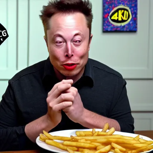 Image similar to a man eating crayons like french fries, elon musk, 4 k, high quality, crayon commercial