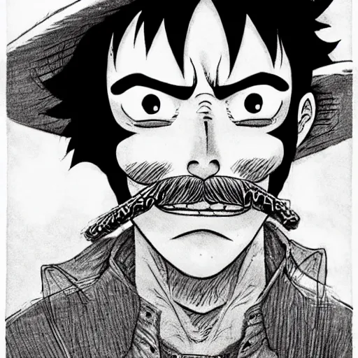 Image similar to [ luffy mustache ] ( by kim jung gi ) ( by george morikawa ) ( by kentaro miura ) ( by eiichiro oda )