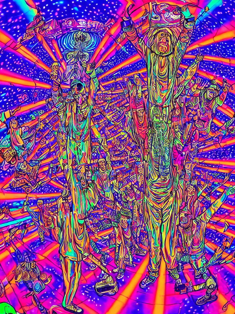 Prompt: rapping on stage at festival, holding microphone, giant crowd, epic pose, happy, psychedelic, hip hop, neon, vaporwave, illustrated by Alex Grey, 4k