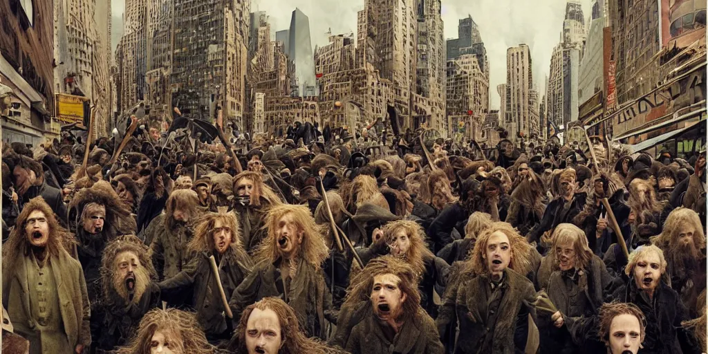 Image similar to hobbits rioting in the streets of new york, surrealism aesthetic, detailed facial expressions