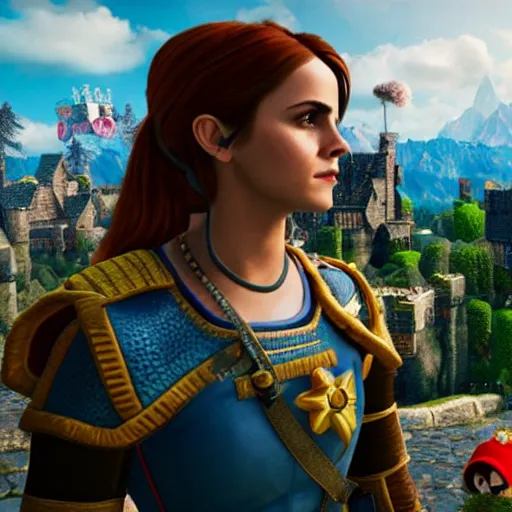 Image similar to emma watson as super mario super mario in the witcher 3, movie still, cinematic lighting, dramatic, octane render, long lens, shallow depth of field, bokeh, anamorphic lens flare, 8 k, hyper detailed, 3 5 mm film grain