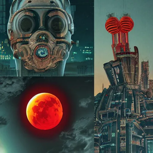 Image similar to surreal, nuclear blast and a full red moon eclipse, cyberpunk, art by jeff lyons, sandra pelser, art by bryen frost