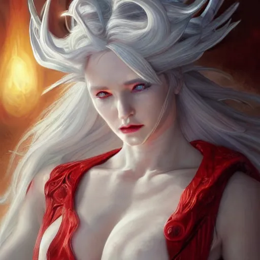 Image similar to ultra realistic illustration, dream humanoid demon girl with white hair, red horns, in white clothes, red eyes, intricate, elegant, highly detailed, digital painting, artstation, concept art, smooth, sharp focus, illustration, art by artgerm and greg rutkowski and alphonse mucha