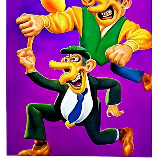 Image similar to beautiful lifelike painting of the chuckle brothers running a purple and green oil derrick, hyperreal detailed facial features and uv lighting, art by ed roth and basil wolverton