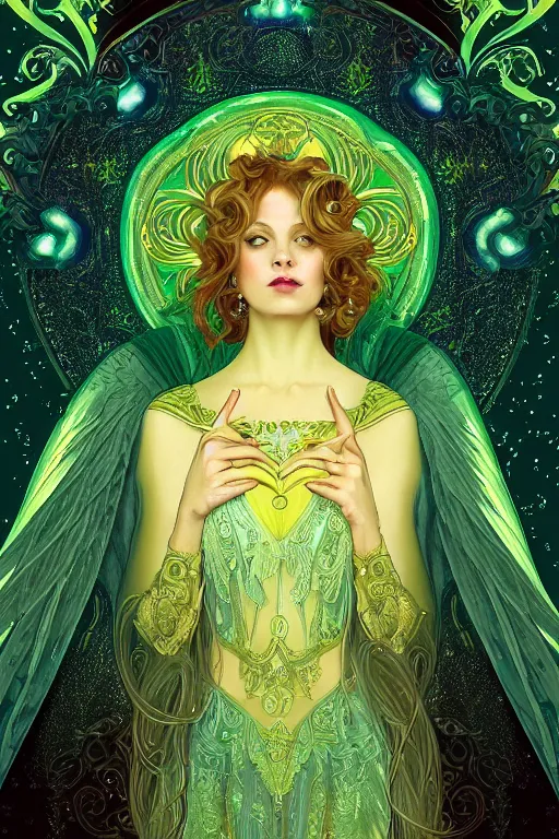 Image similar to a magic the gattering illustration of a woman angel , fantasy, gradient black green gold, dreamy and ethereal, green eyes, golden ratio, peaceful expression, ornate frilly dress, fantasy, intricate, elegant, rainbow splash of ink, highly detailed, digital painting, artstation, concept art, smooth,b sharp focus, illustration, art by scott fisher and alphonse mucha