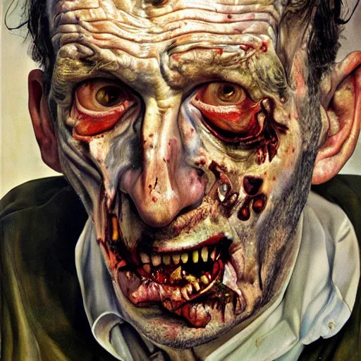 Image similar to high quality high detail painting by lucian freud, hd, portrait of a zombie, photorealistic lighting