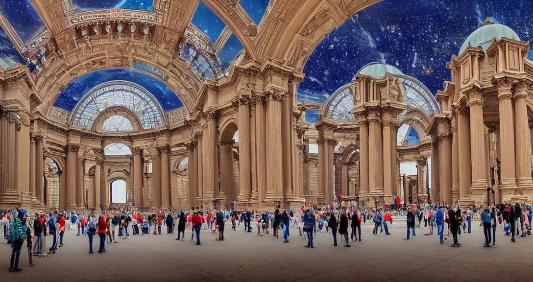 Prompt: the san francisco palace of fine arts during the intergalactic futuristic fair, spaceships, portals, worm holes, futurism painting, sci - fi