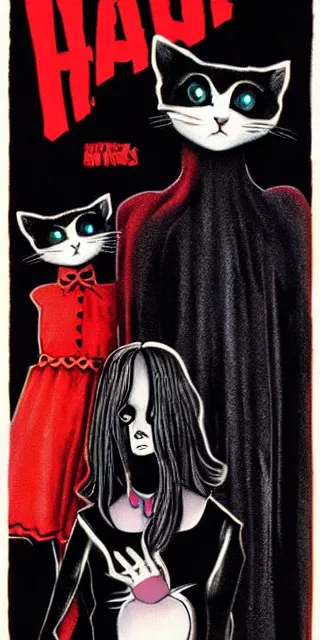 Image similar to Movie poster for a horror film about cats in goth clothes, 1985