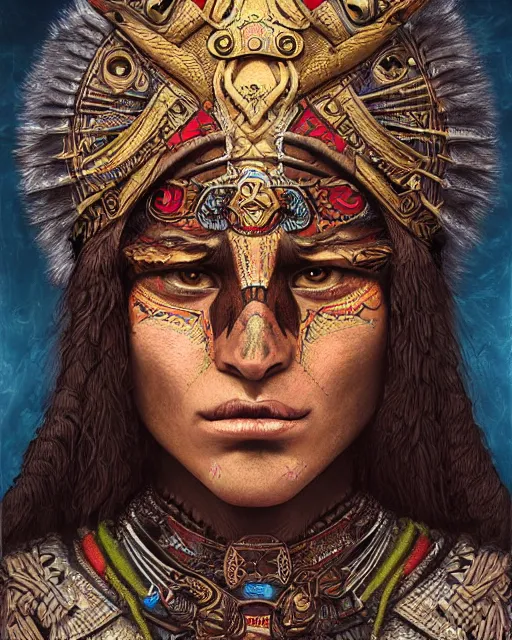 Image similar to digital painting of a warrior cuextecatl woman by filipe pagliuso and justin gerard, symmetric, fantasy, detailed, intricate, portrait, sharp focus, tarot card, handsome