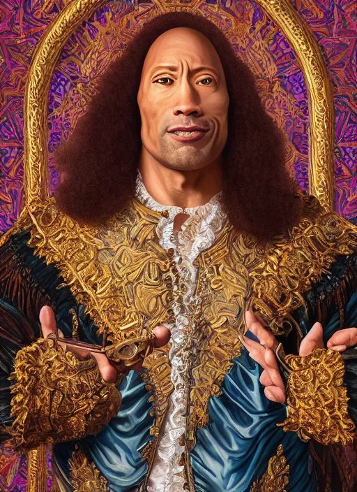 Prompt: beautiful oil painting, portrait of Dwayne the rock Johnson as Louis xiv in coronation robes 1701, Dan Mumford, dan Mumford, Dan Mumford, Alex grey, Alex grey, lsd visuals, dmt fractal patterns, entheogen, psychedelic, hallucinogen, coherent, highly detailed, ornate