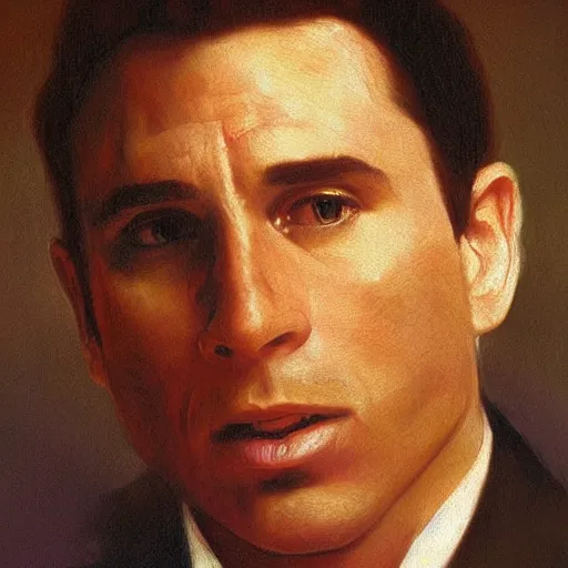 Image similar to Painting of John Travolta as Forrest Gump. Art by william adolphe bouguereau. During golden hour. Extremely detailed. Beautiful. 4K. Award winning.