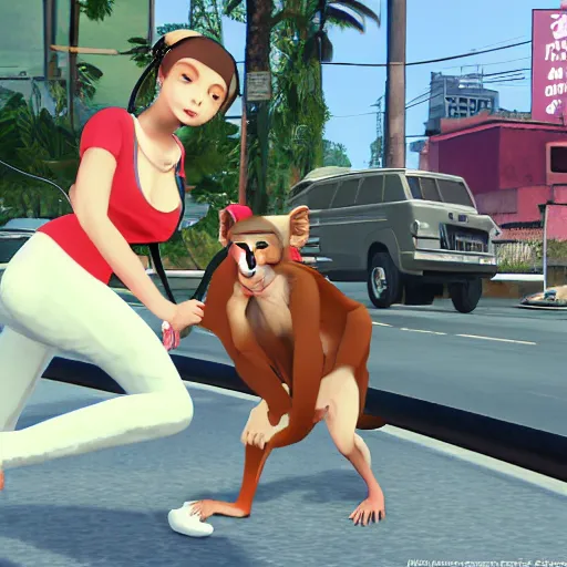 Prompt: Macaque in grand theft auto among cute anime girls