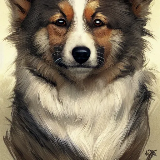 Image similar to portrait of a young, ruggedly handsome corgi, soft hair, muscular, half body, cloth, hairy, d & d, fantasy, intricate, elegant, highly detailed, digital painting, artstation, concept art, smooth, sharp focus, illustration, art by artgerm and greg rutkowski and alphonse mucha