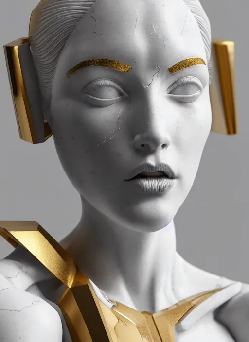 Image similar to a statue made of white marble with gold veins, of an gorgeous futuristic cybernetic angel girl, prostheses, transhumanism, full body shot, perfect symmetrical body, perfect symmetrical face, hyper realistic, hyper detailed, by johannen voss, by peter kemp, by monia merlo, by michelangelo, octane render, blender, 8 k