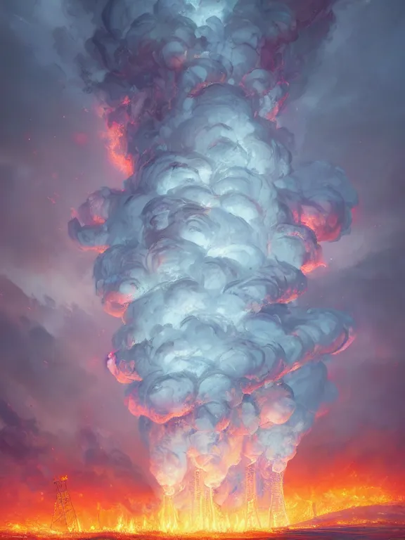 Prompt: photo of 8k ultra realistic nuclear power plant on fire, pylons, heavy swirling cloud, full of colour, cinematic lighting, battered, trending on artstation, 4k, hyperrealistic, focused, extreme details,unreal engine 5, cinematic, masterpiece, art by Peter Mohrbacher