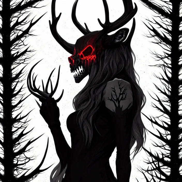 Image similar to style artgerm, joshua middleton, artgerm, rafael albuquerque : : scary wendigo with antlers and skull face mixed with werewolf : : [ [ beautiful witch wearing a black dress, symmetrical face, on the right side ] ] : : in the forest, detailed, dark and foggy, cinematic lighting