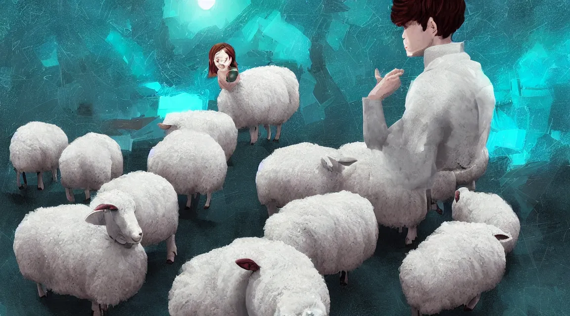 Image similar to do the androids dreams with electric sheeps, digital art, illustration style