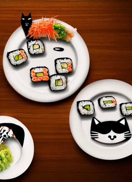 Image similar to clear photograph of cute cats eating sushi from sushi plates