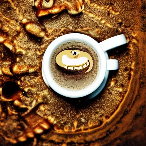 Image similar to little cute sea monster in my morning coffee, close-up photograph, award winning