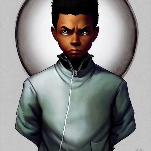 Image similar to Portrait of Huey freeman from the boondocks , Graceful body structure,cute,Symmetrical face,highly detailed,elegant,Marc Simonetti and Caspar David Friedrich, Trending on artstation
