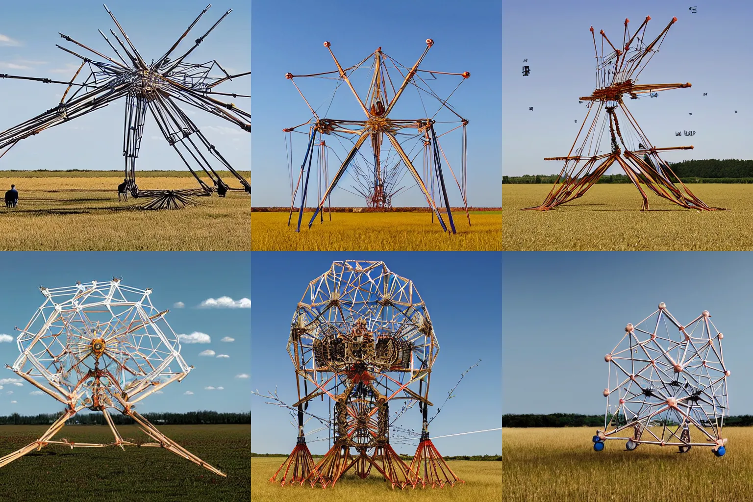 Prompt: a strandbeest in the middle of a field, in the style of Simon Stålenhag