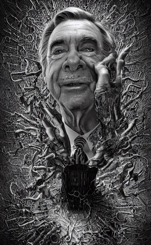 Prompt: lovecraftian mr rogers breaking into our reality by wayne barlow, stanley donwood, anton semenov, zdzislaw bekinski, hr giger, 8 k, fantasy, dark, highly detailed