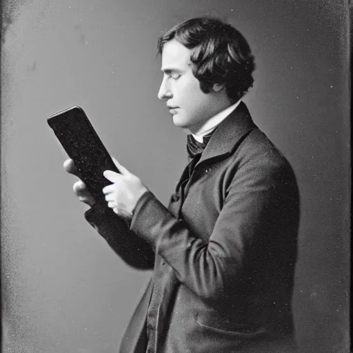 Image similar to a daguerreotype of a man looking at his cell phone.