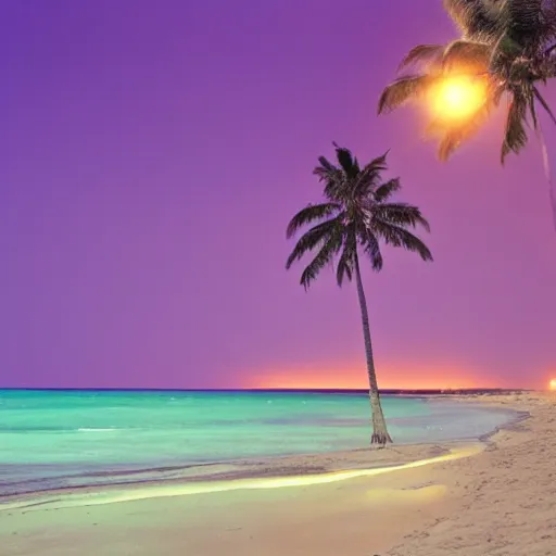 Image similar to on a beach, a dark night, faded purple light streak across the sky coming from the left down to the right, 2 skinny shadow palm trees stand in front of the purple glow in the sky, high detail