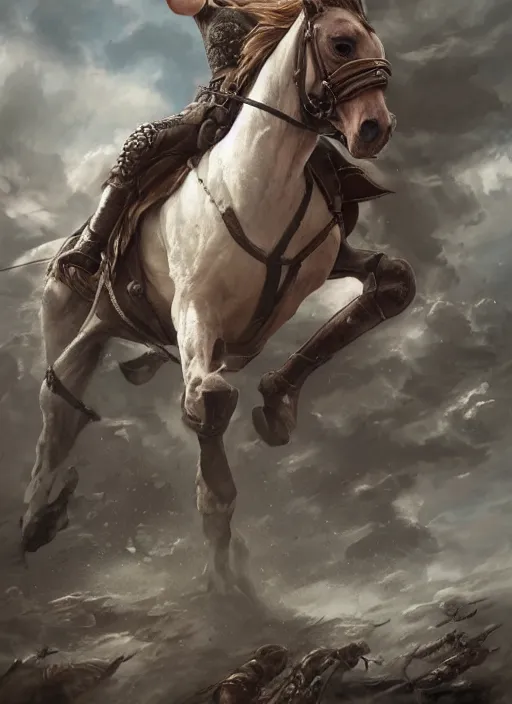 Image similar to angry Maisie Williams leading the charge on horse as a ruggedly muscled handsome heroine, intricate, elegant, highly detailed, centered, digital painting, artstation, concept art, smooth, sharp focus, illustration, artgerm, donato giancola, Joseph Christian Leyendecker, WLOP, Artgerm, thunder storm