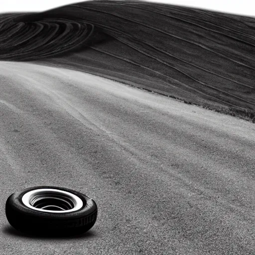 Image similar to A man in a tire rolling down a hill, Realism, Realistic, 8K