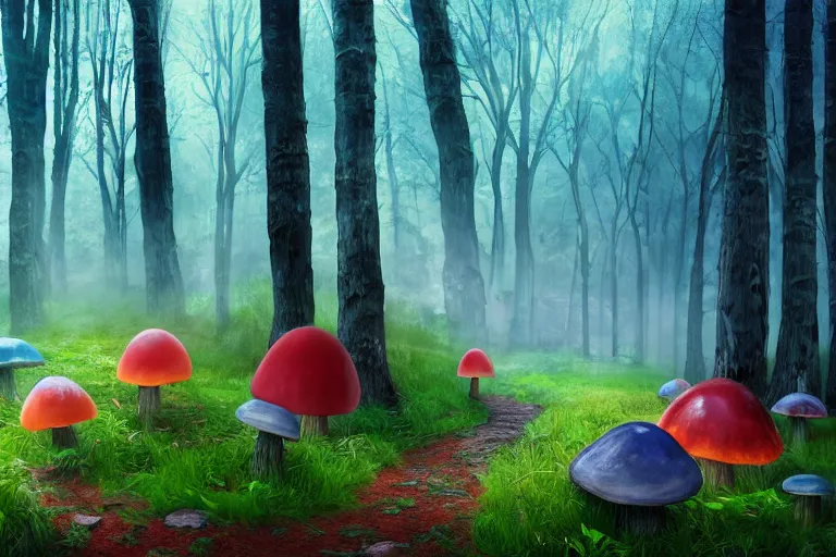 Image similar to deep colorful moody forest made of candy, lollipop trees, cotton candy bushes, big colorful rock candy boulders, gumdrop mushrooms, chocolate creek, gingerbread house. dark mood. mysterious realistic painting. photo collage, highly detailed, cinematic, hyperrealistic, artstation, dramatic lighting, god rays, clean crisp graphics, smooth sharp focus, extremely detailed