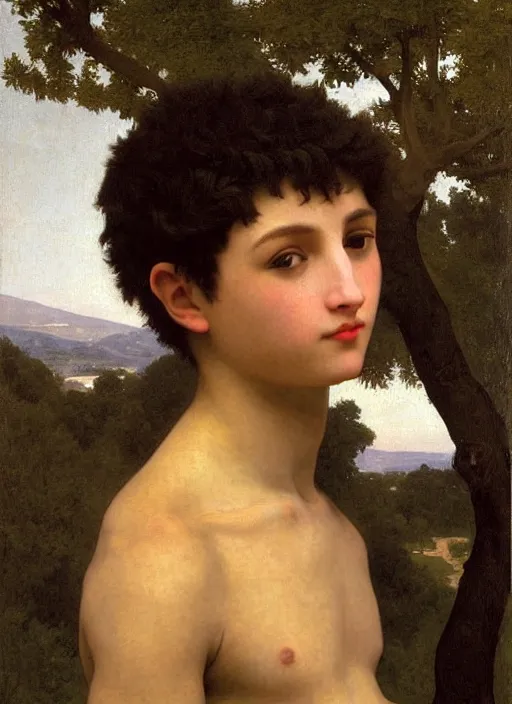 Image similar to a young man holding the head of a monster, climbing a hill in front of a crowd, extremely realistic and highly detailed painting by william - adolphe bouguereau and caravaggio, soft light, gold ratio