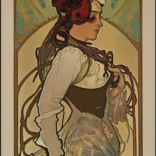 Image similar to A blonde horsewoman by Alphonse Mucha