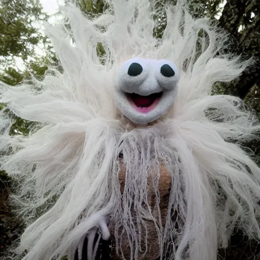 Prompt: ethereal ghostly live action muppet wraith like figure with a parasitic squid head with two large fuzzy moth antennae, four long tentacles for arms that flow gracefully at its sides, with a long fuzzy snake tail instead of legs, it stalks around the frozen tundra searching for lost souls and that hide in the shadows in the trees, this character uses hydrokinesis and electrokinesis, it is a real muppet by sesame street, photo realistic, real, realistic, felt, stopmotion, photography, sesame street