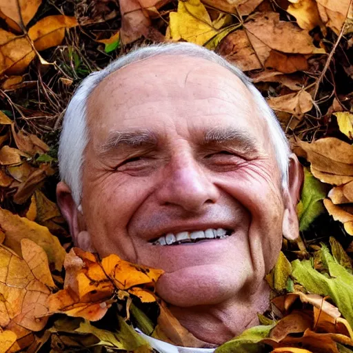 Prompt: an smiling old man hidden under leaves