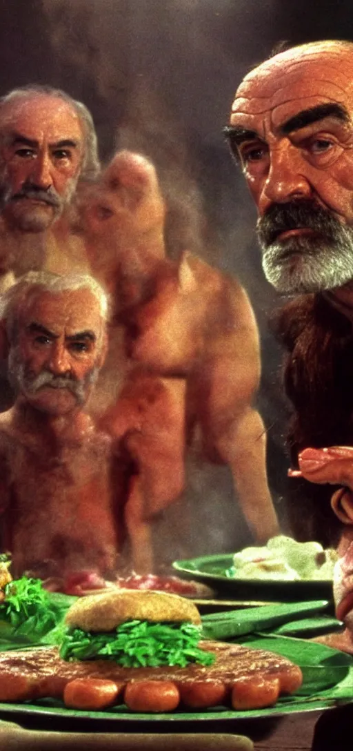 Prompt: a 3 5 mm color closeup macro hi def picture of sean connery as zardoz accessing third eye second level during his 9 6 6 th birthday party along with female friends. everything is of the second level including plates of green bread and hams on the isle of kun lao. volumetric lighting with picoso hotdogs. atmospheric. scary fog national geographic.