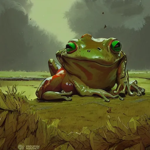 Image similar to Frog Frog Frog Frog crapaud kaeru Demon Knight Hero resting in marshlands Ishbel Myerscough greg rutkowski sam spratt Peter Kuhfeld simon stalenhag enki bilal beeple james gilleard Illustrated Colored Pencil