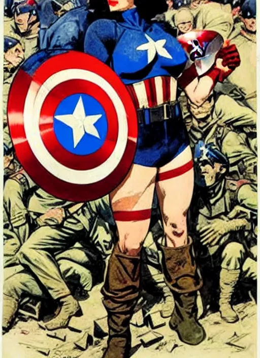 Image similar to beautiful female captain america standing on a pile of defeated german soldiers. feminist captain america wins wwii. american wwii propaganda poster by james gurney. anime