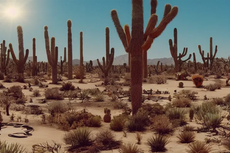 Image similar to desert oasis made of electronics, still from a kiyoshi kurosawa movie, sanriocore, full sun lighting,