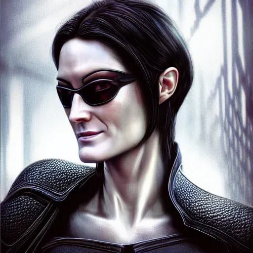 Prompt: head and shoulders portrait of a female knight, trinity, young carrie anne moss, the matrix, sunglasses, cyberpunk, by artgerm, face detail, extremely detailed, photo