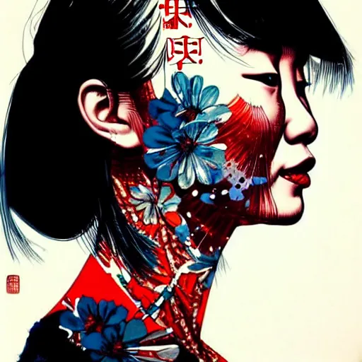 Image similar to a portrait of a chinese woman with side profile blood in ocean intricate details by MARVEL comics and Sandra Chevrier-C